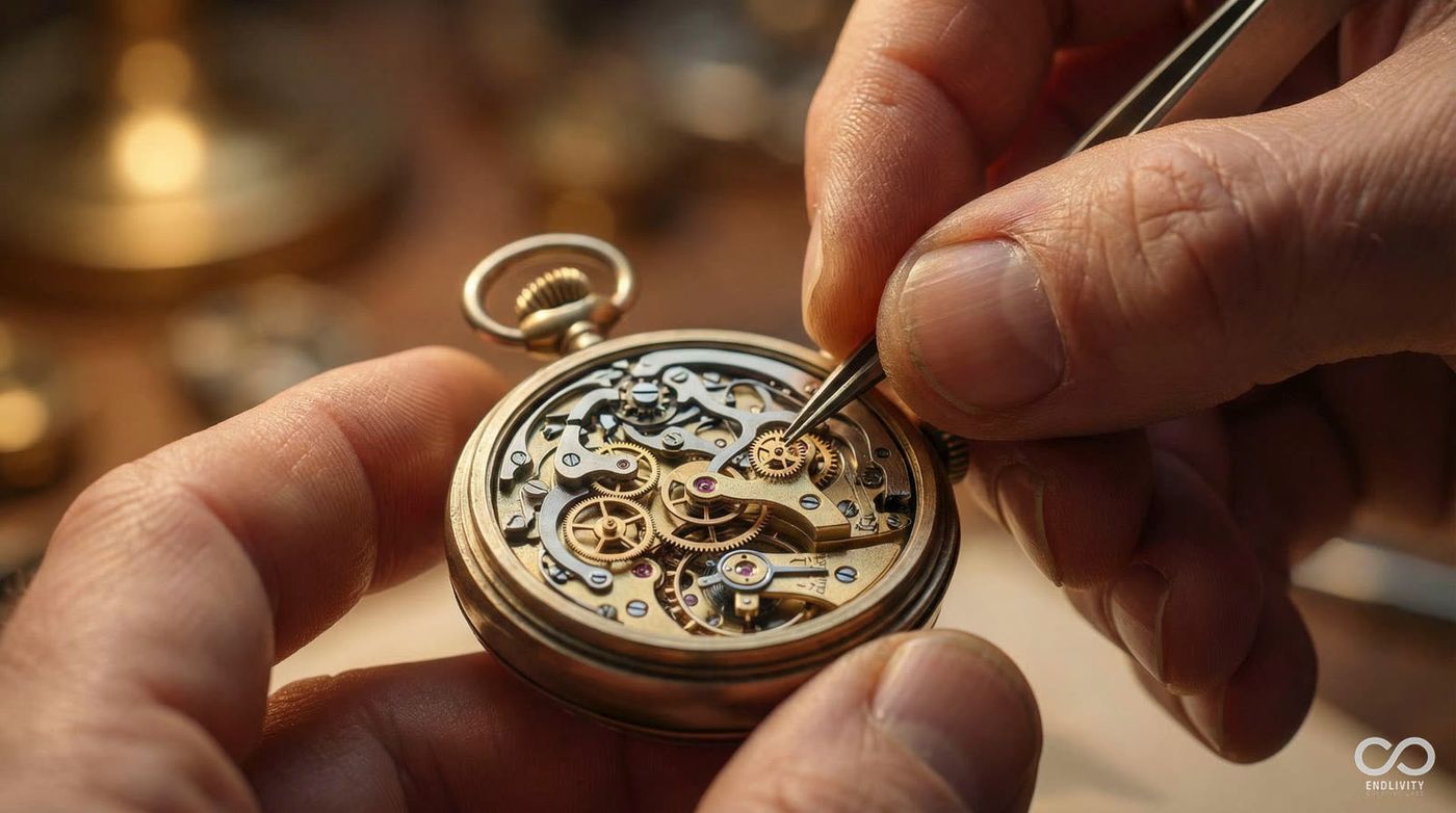 Pocket watch movement in the watchmaker's hand · detail from The Age of Inventors