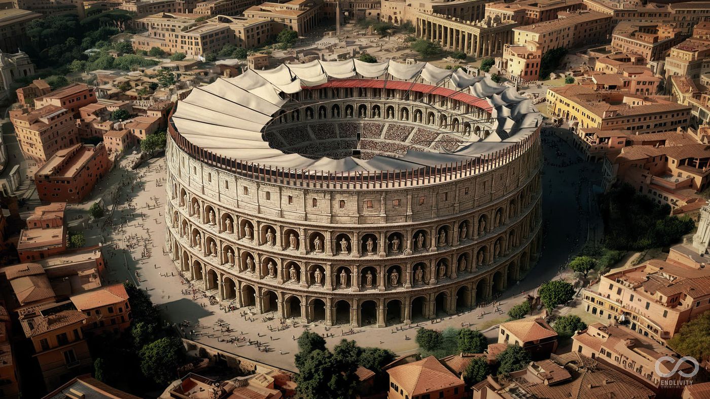 The Colosseum from above · digital reconstruction of ancient Rome
